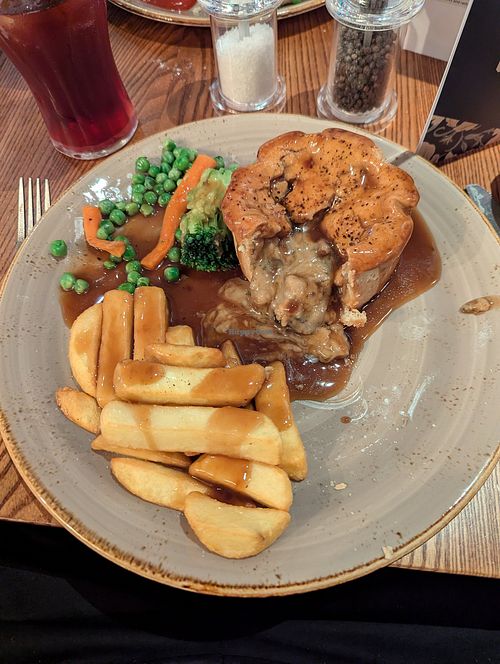 Mushroom & Ale pie. Tasty and piping hot with crispy, freshly cooked chips. Veg and little tired at Kings Head Hotel in North Yorkshire