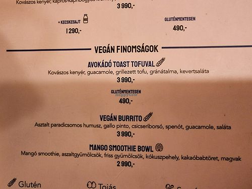 Vegan menu items at Nicaragua Grande Cafe Brunch Budapest in Budapest