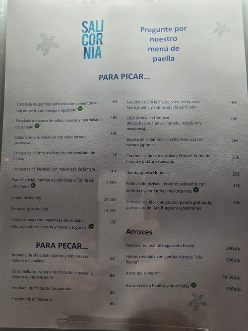 Menu at Salicornia in Mallorca
