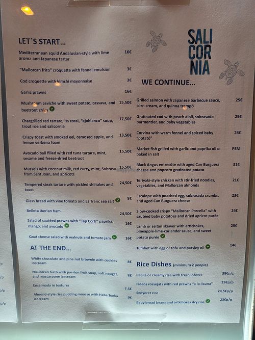 Menu at Salicornia in Mallorca