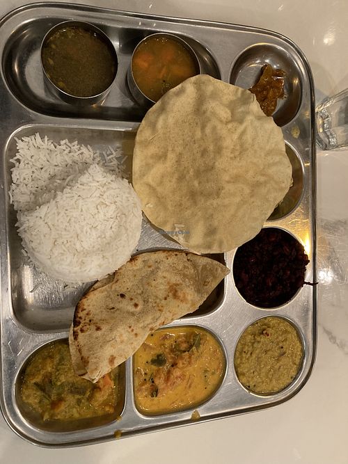 Vegan thali plate (vegetarian in the menu- request vegan)  at Mayura in Culver City
