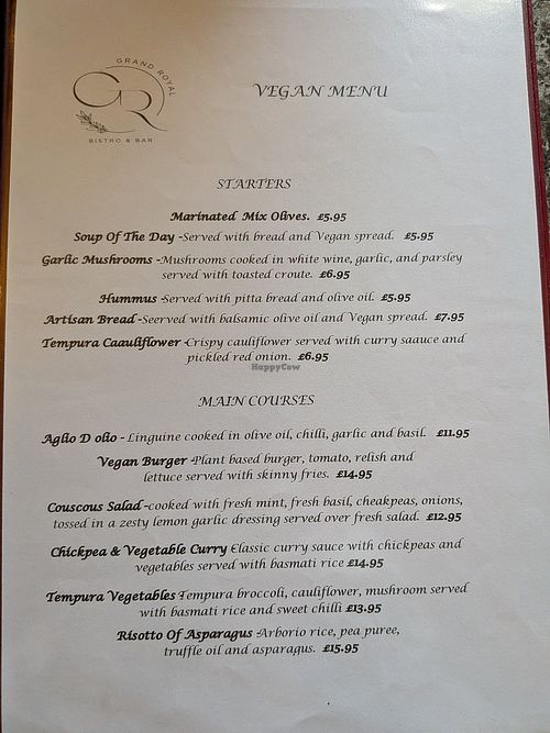 Vegan menu at Grand Royal Bistro Bar in Waterfoot