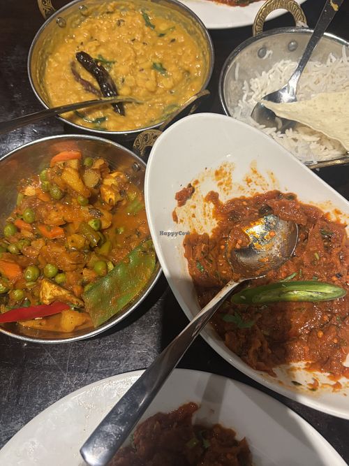 Excuse the presentation, we were hungry. Dahl at the top, mix veg to the left and eggplant to right. All top notch  at Balti Indian Restaurant in Perth