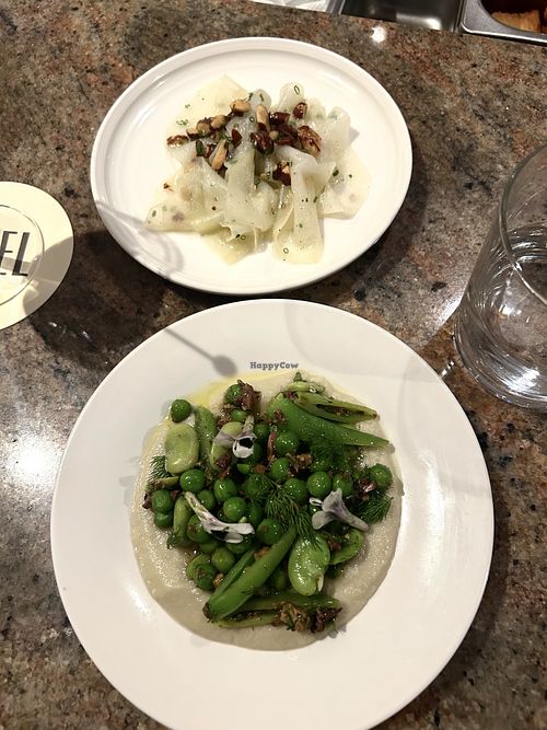 Kohlrabi with smoked almonds + spring peas, fennel & olive   at Hazel in Melbourne