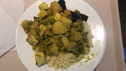 Tofu, green peas, potatoes and millet at Vega City in Budapest