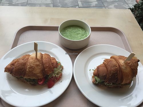 Croissant veggie sandwiches and cucumber soup. at Vega City in Budapest