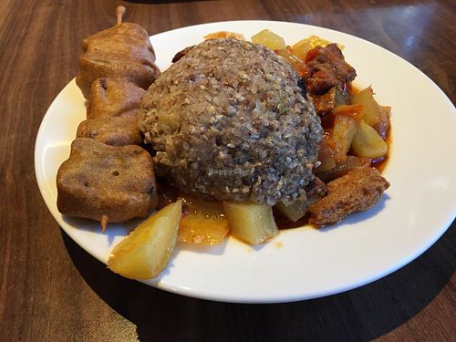 Saslik, rice pattie and ratatouille-like stew at Vega City in Budapest