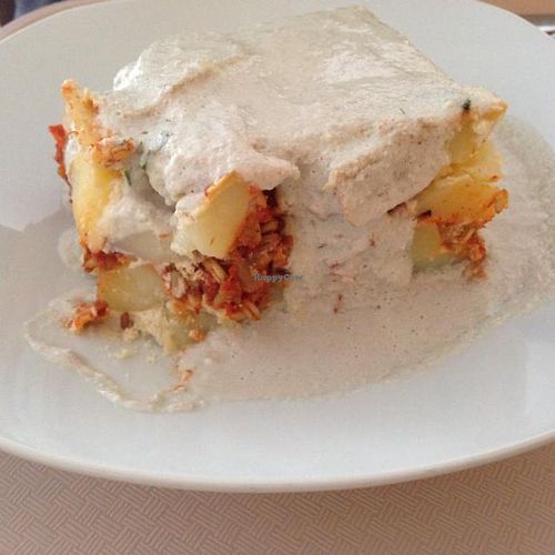 potato casserole with sunflower seeds cream souce at Vega City in Budapest