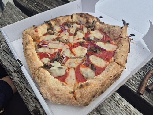 Margherita with vegan cheese, mushrooms and red onion. at Pizza in the Skye in Portree