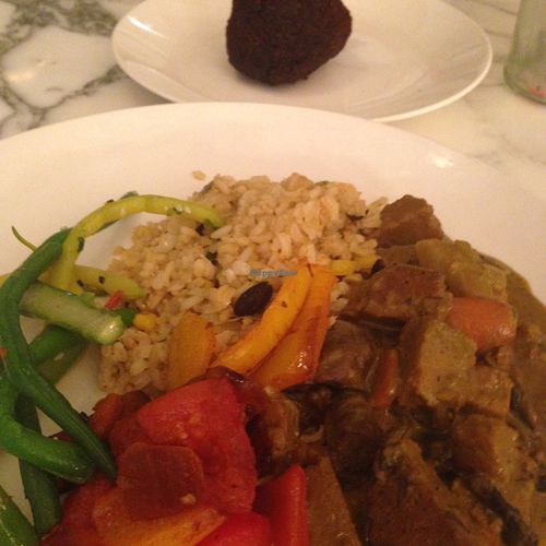 amazing seitan stroganoff, ratatouille, rice and beans combo (100% vegan) at Ethos in London