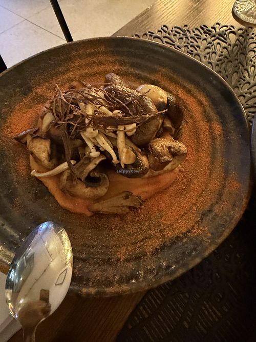 Assorted mushrooms with a delicious purée.  at Atávico in Sevilla