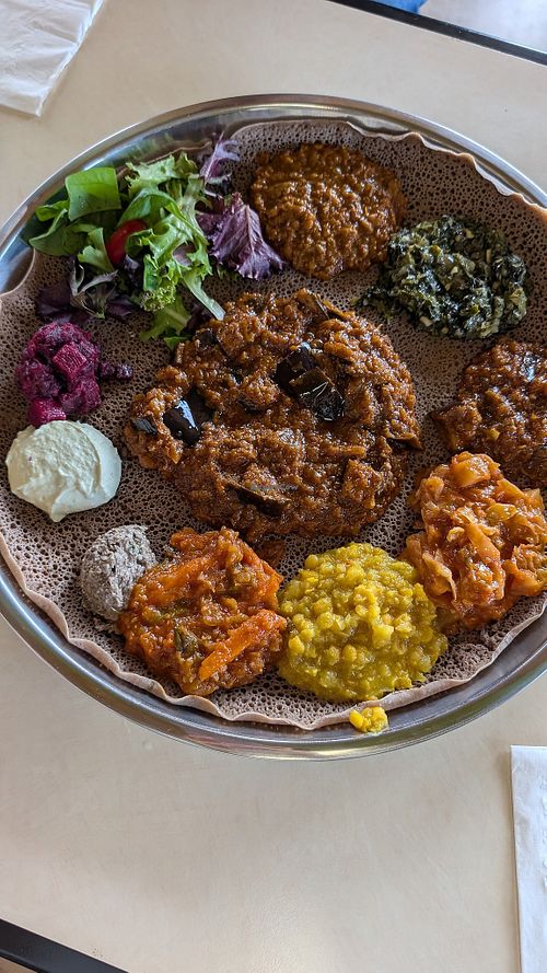 Vegan platter with Eggplant wot  at GIHON Ethiopian Kitchen in San Diego