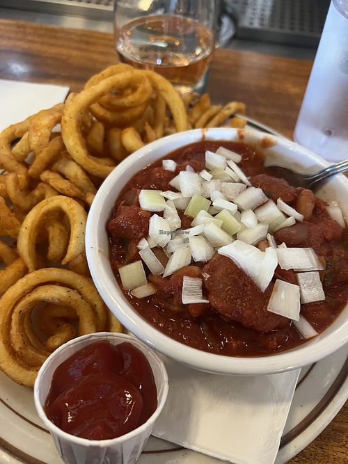 Awesome vegan chili and curly fries!  at Squirrel's Tavern in Corvallis