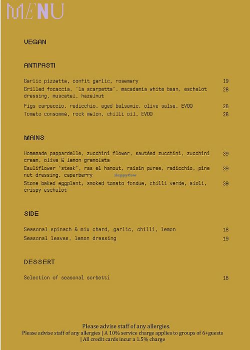 Full vegan menu  at Gowings in Sydney