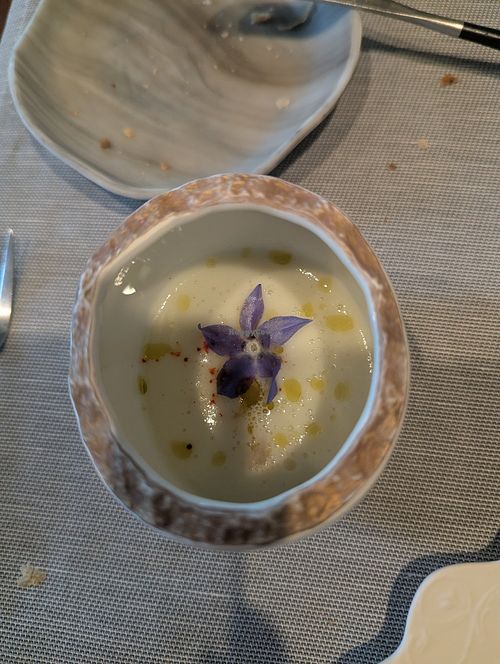 White asparagus soup at O' by Claude Le Tohic in San Francisco