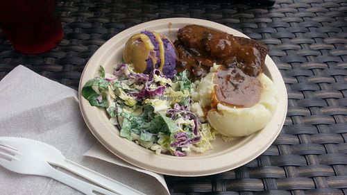 All-vegan meatloaf, mashed potatoes, bok choy slaw & purple sweet potato at Sweet Home Waimanalo in Waimanalo