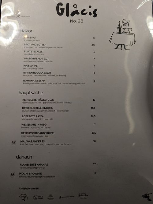 Speisekarte, vegetarische Optionen sind mit einem V markiert, der Rest ist vegan at Glacis No.28  in Dresden