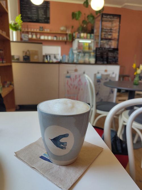 Oat milk cappuccino at WANDERBIRD Kiosk in Chorin