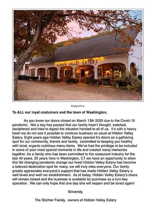 Permanent closure  at Hidden Valley Eatery in Washington