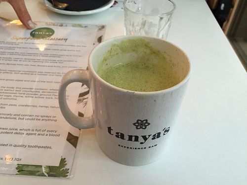 Weird green tea but super healthy I am sure at Tanya's Cafe in South West London