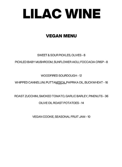 Vegan menu  at Lilac Wine in Cremorne