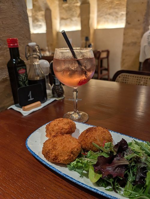 Bajtra liqueur cocktail (prickly pear) and cauliflower croquettes, both excellent at Ta' Nenu Valletta in Valletta