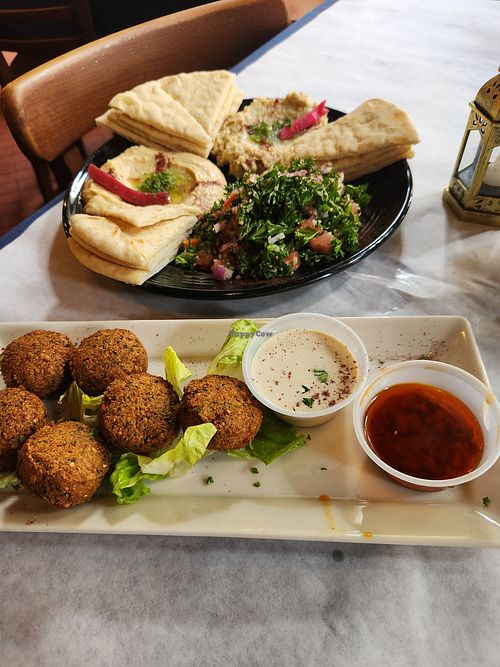 Baba, humus & Tabouli lunch plate w salad, $11.95, falafel w vegan tahini & house made spice sauce, $6.95  not bad in New orleans at Attiki Bar & Grill in New Orleans