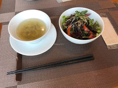 Soup and salad of the lunch set at Vege Cafe Lotus in Toyohashi