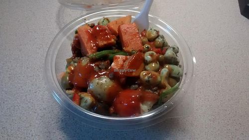 Vegan salad with beans, pasta, corn, spinach, mushrooms, peppers, etc. with the pepper and roasted tomato sauce at Zest 2 Go in St Andrews