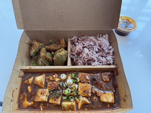 Mapo tofu, veggie dumplings and purple rice (all vegan)  at The Dumpling Lady - Nana Li's in Latta Arcade in Charlotte