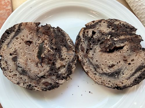 Chocolate bagel cut in half   at Good & Friendly Kitchen in Petaluma