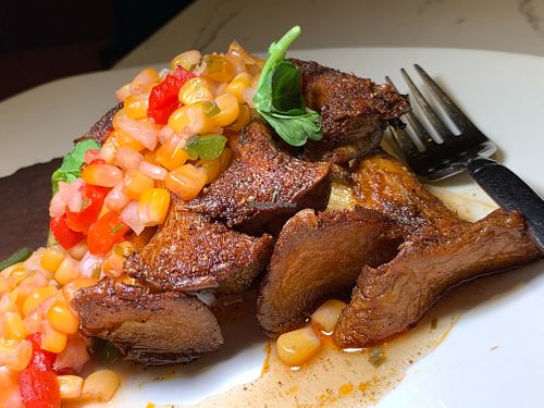 Blackened Mushroom Steak: Sprout It Giant Trumpet Mushrooms, Black Bean Puree, Pickled Corn Salsa. (Kalamazoo Vegan Chef Challenge 5/26) at WL Social House in Kalamazoo