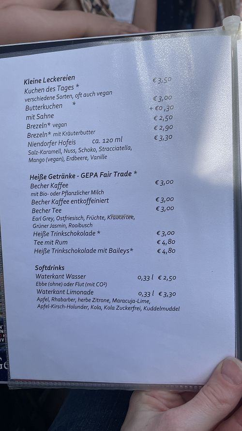 Menu on board of their sightseeing ship with some labeled vegan options  at Schiff und Boot Morgenroth in Moelln