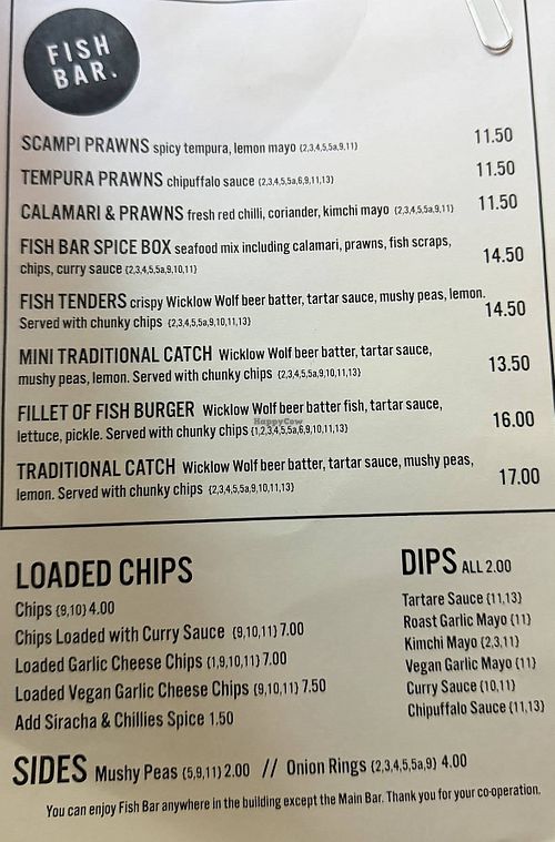 See chips menu below  at The Harbour Bar  in Bray