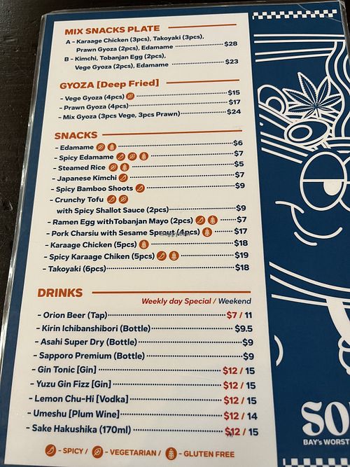 Menu  at SOU's Ramen in Byron Bay