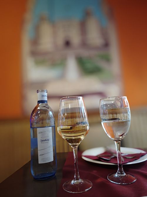 White wine and water at Indian Punjab Restaurante in Bilbao