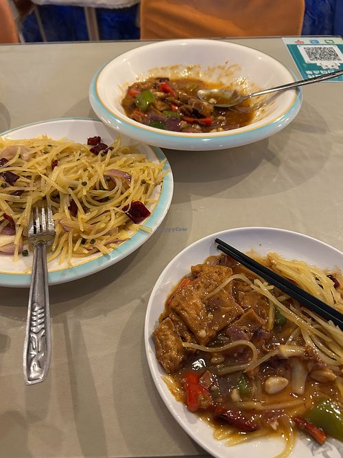 Tangy spicy potatoes, plus braised tofu and veg at Mr. Bin Chinese Restaurant in Chefchaouen