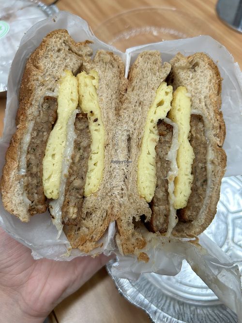 Vegan egg sandwich on whole wheat bun  at Fuel Cafe in Hicksville