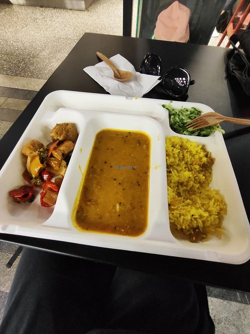 Tofu with vegetables, dhal, flavored rice and cucumber salad at Dhaba Beas  in Prague