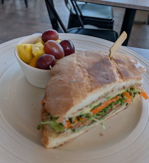 Veggie sandwich with side fruit at Thanks A Latte Espresso Cafe in Camp Verde