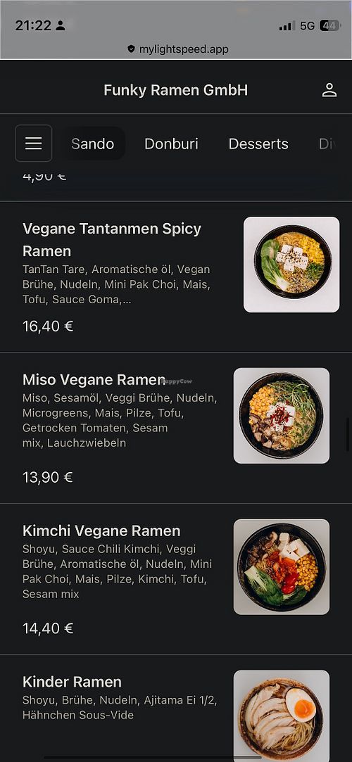 Ausschnitt aus der Speisekarte mit den veganen Ramen  at Funky Ramen in Dusseldorf