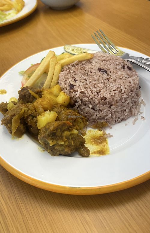 Vegan mutton curry with rice and peas  at Chakku - Caribbean Street Food in Birmingham
