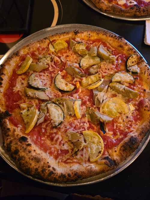 Vegan cheese pizza (I asked for light cheese) with zucchini and artichokes at 5th Street Pub in Perrysburg