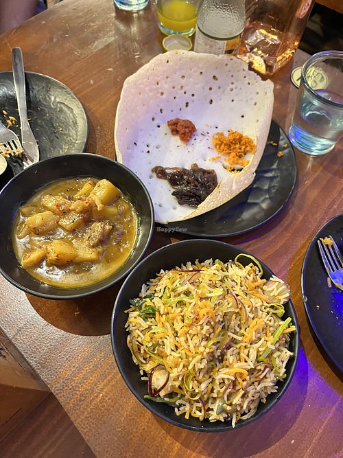Pineapple curry (quite spicy), vegetable Kothe and plain hoppa  at The Coconut Island Angel in London