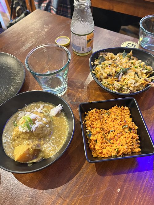 Pumpkin curry, one of the sides/salads and veggie Kothe  at The Coconut Island Angel in London