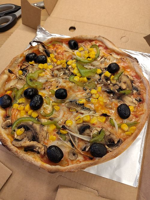 The "Vegan" pizza. Featuring vegan cheese, sweetcorn, peppers, onions and olives. at Davardi's Pizza Bar in Worsley
