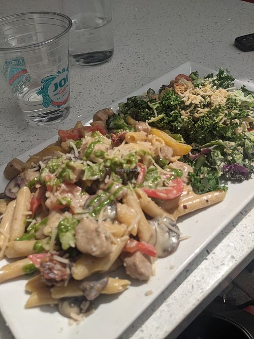 Vegan Chicken alfredo 🤤 Comes with caesar salad. So filling and delicious at JOi Café in Westlake Village