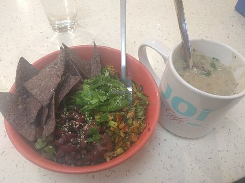 Bowl of New England Clam Chowder and Latin Love Bowl at JOi Café in Westlake Village