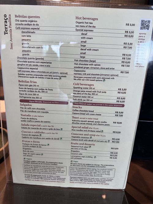 Menu  at Café Terraço in Sao Paulo