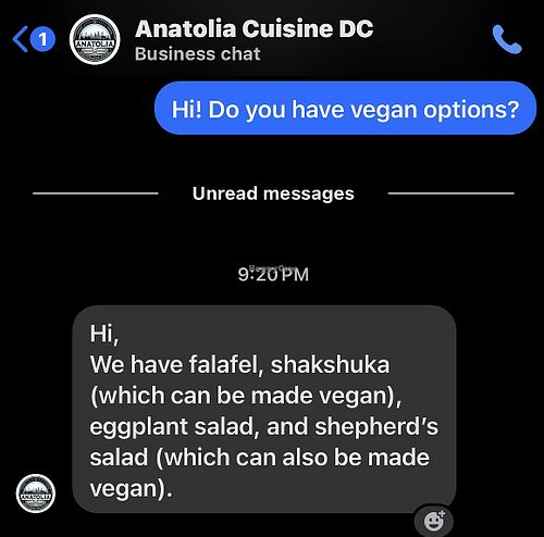 Response from their facebook.   at Anatolia Cuisine DC in Ephraim